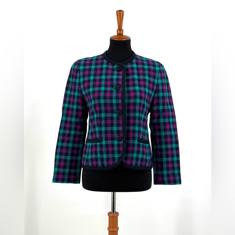 Vtg Pendleton Wool Purple Turquoise Herringbone Plaid Blazer Black Buttons Sz 6P